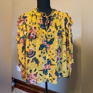 Ulla Johnson Silk Floral Ikat Blouse Size 0 Yellow Ruffle Tie Neck Boho Top